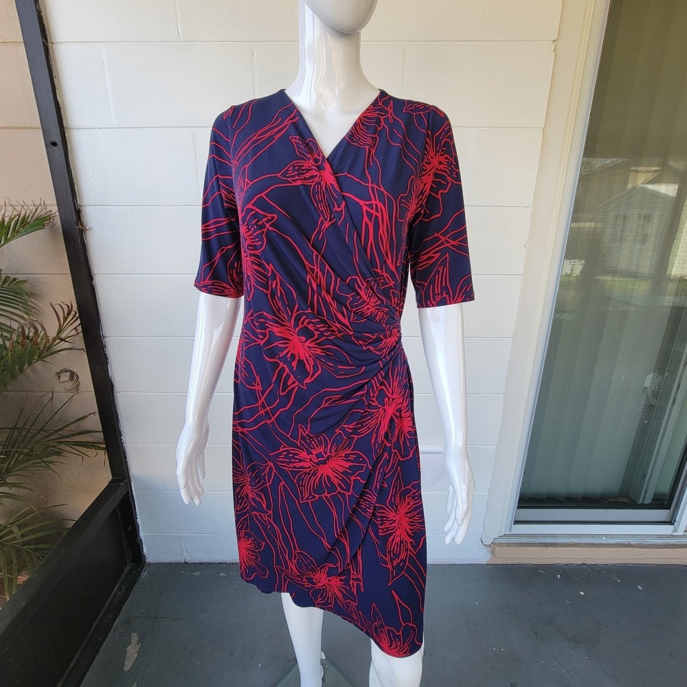 Tommy Bahama Faux Wrap Dress Navy-Blue Red Women's S/P Stretch Tropical Coastal